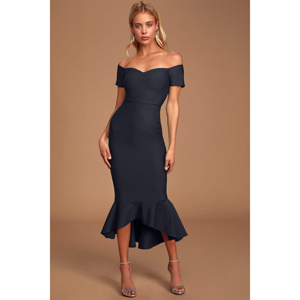 Lulus How Much I Care Midnight Blue Off-the-shoulder Midi Dress - Size M